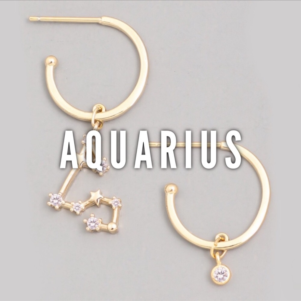 AQUARIUS Zodiac Gold Huggie Hoop Earrings - Picture 2 of 5